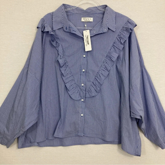 New Elvi Blue White Ruffle Detail Drop Shoulder Relaxed Fit Button Down size 16 - Picture 1 of 11